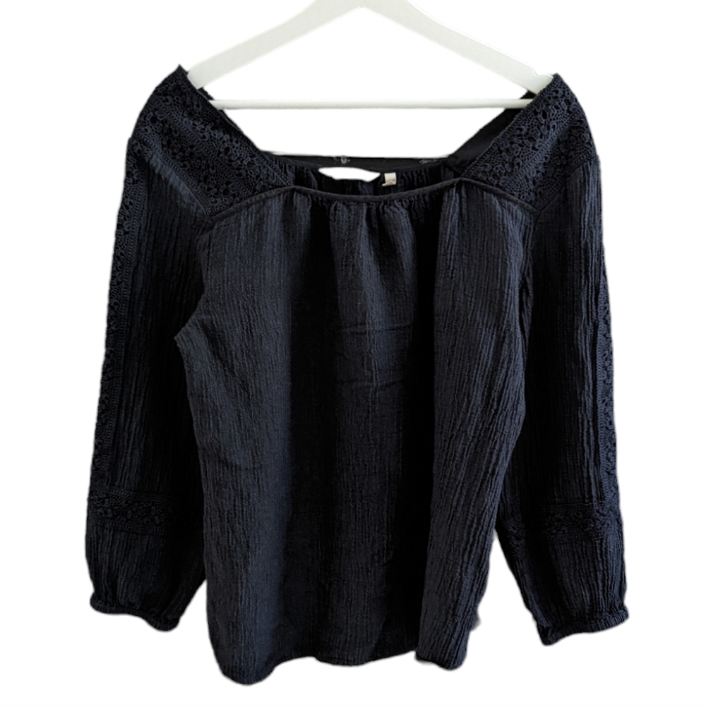 Soft Surroundings Asilah Blouse Black Boho Crochet Top Blouse Size L